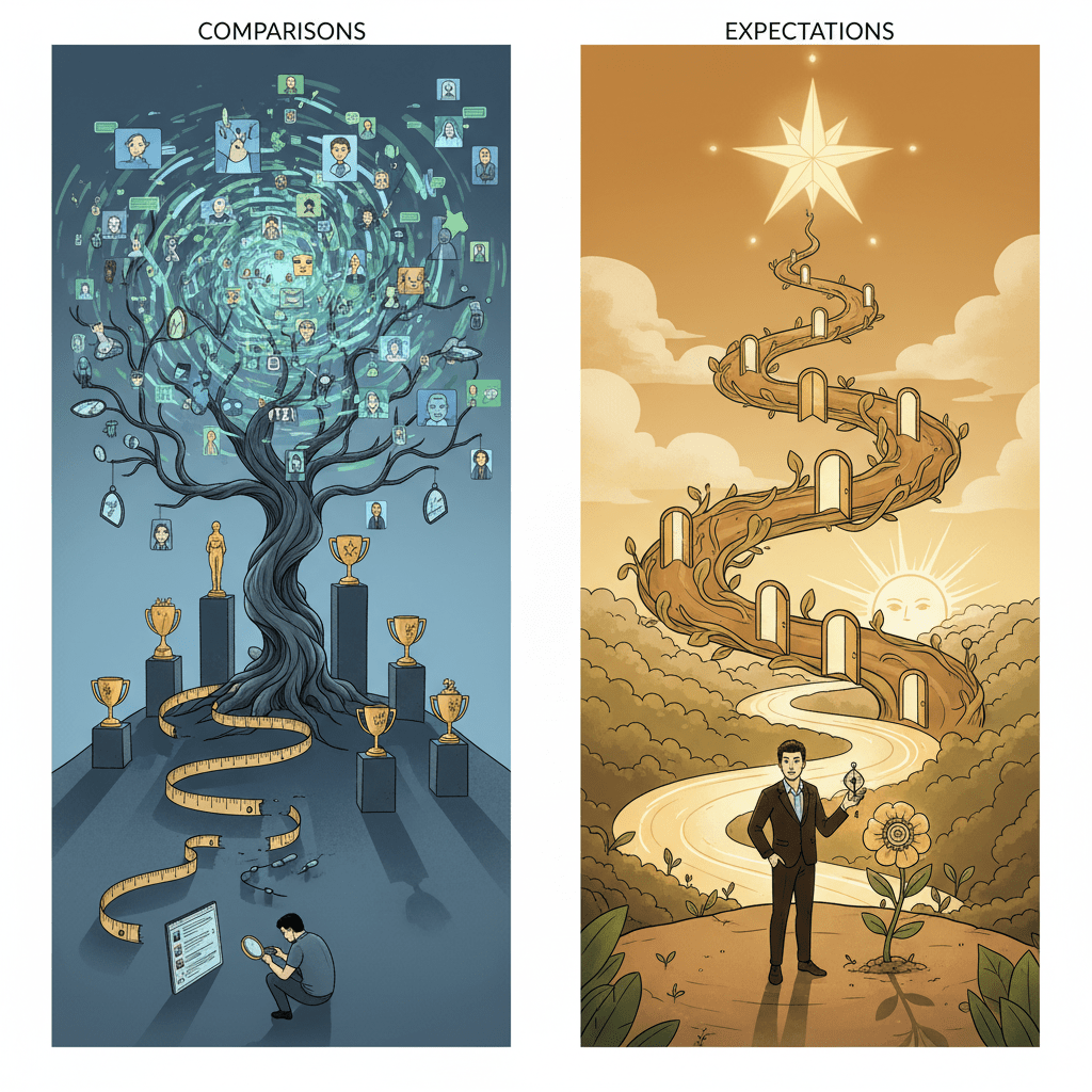 Left side shows a twisted tree with profile pictures and trophies, right side shows a winding path with doors and a star above