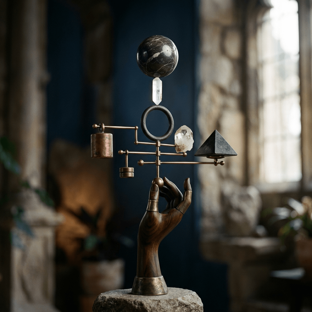 Wooden hand holding a kinetic sculpture with a black sphere, crystal, black pyramid, and copper weights