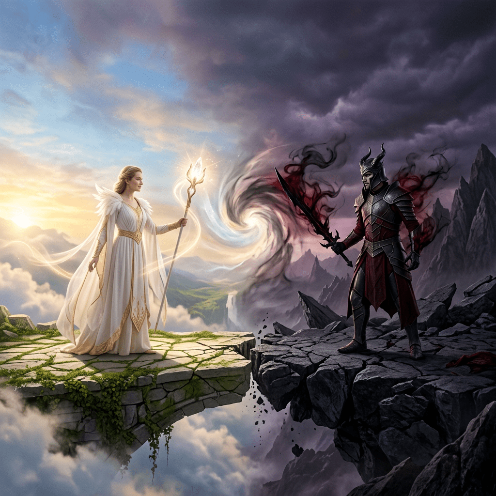 Sorceress in white robes with glowing staff facing armored dark warrior with fiery sword across floating rocky platforms