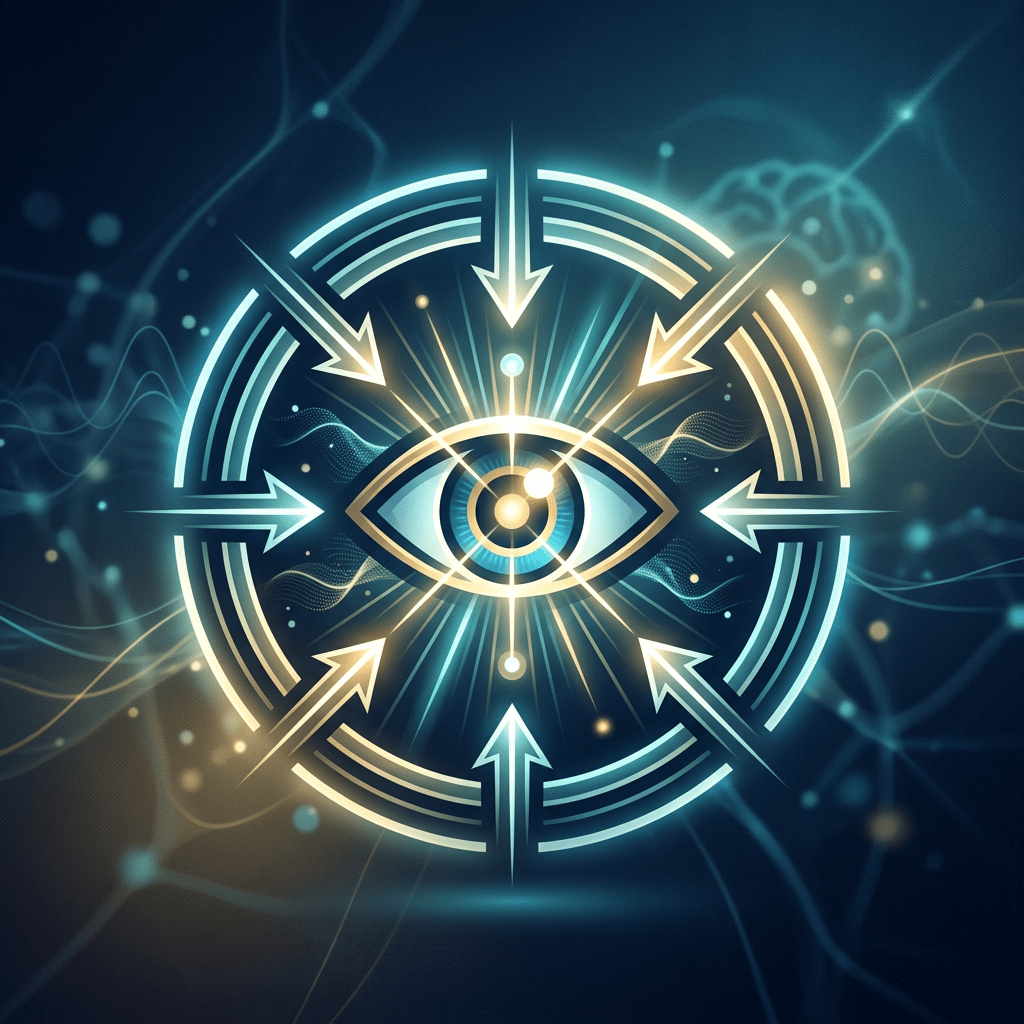 A stylized eye symbol in the center with multiple arrows pointing towards it in a circular arrangement