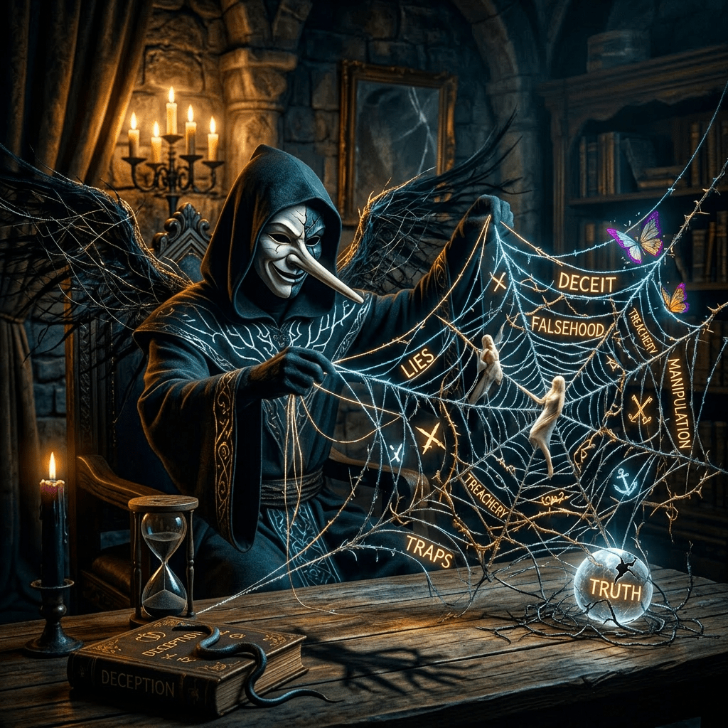 Hooded figure with wings weaving a glowing web labeled with deceit, lies, manipulation, and truth