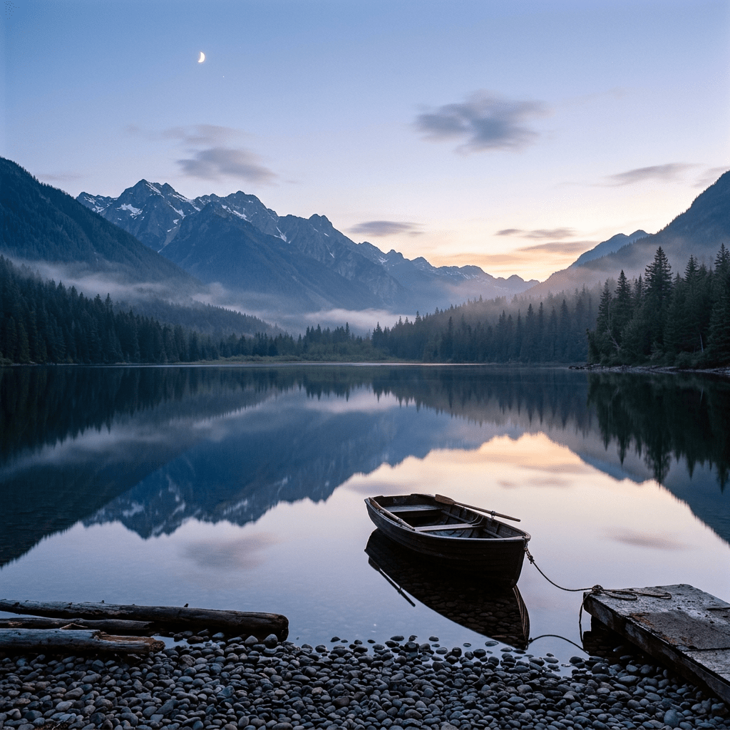 A wooden rowboat tied to a small dock on a calm lake surrounded by forested mountains at dawn