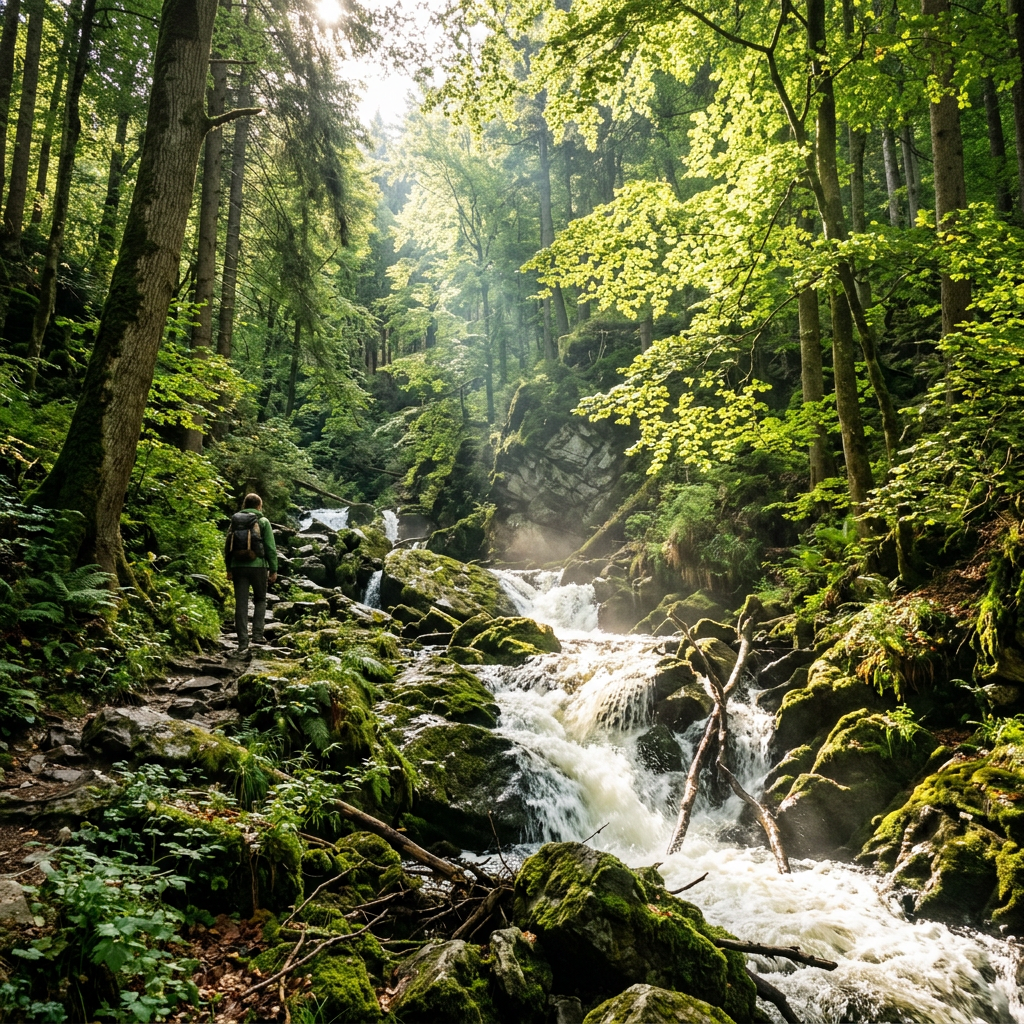 Person hiking on a rocky path next to a flowing waterfall in a dense green forest