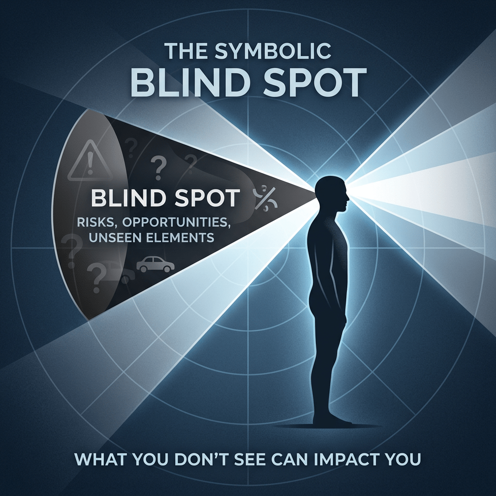 Silhouette of a person with light rays showing visible and blind spot areas representing unseen risks and opportunities