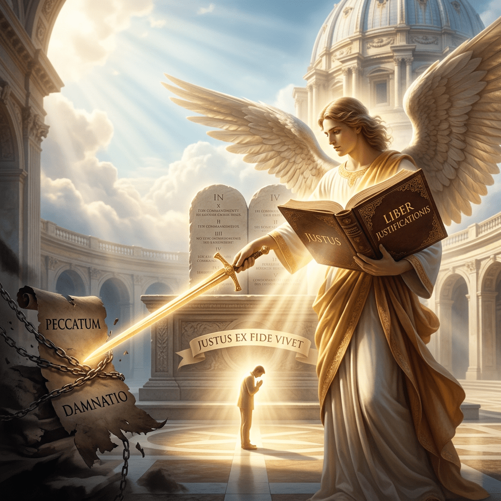 An angel holding a golden sword and a book labeled Liber Justificationis with glowing inscriptions, breaking chains labeled Peccatum and Damnatio, with a praying man bathed in light and stone tablets behind.