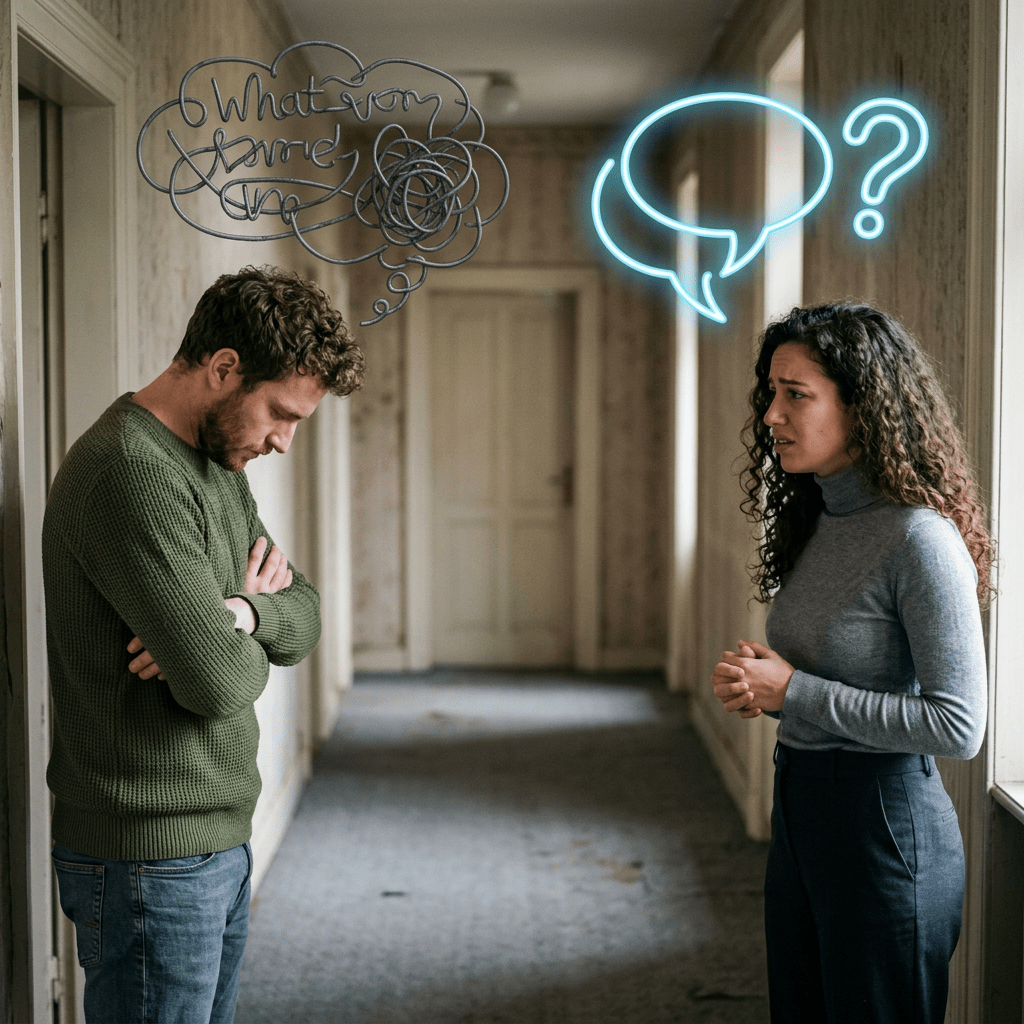 Man looking down with crossed arms and a distressed woman facing him with speech bubbles