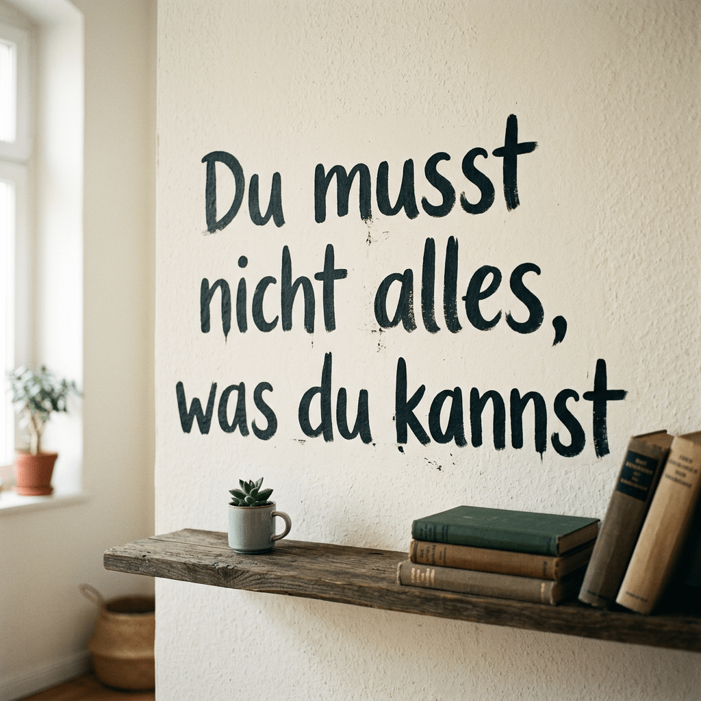 German text on wall reading 'Du musst nicht alles, was du kannst' above a wooden shelf with books and a small potted plant