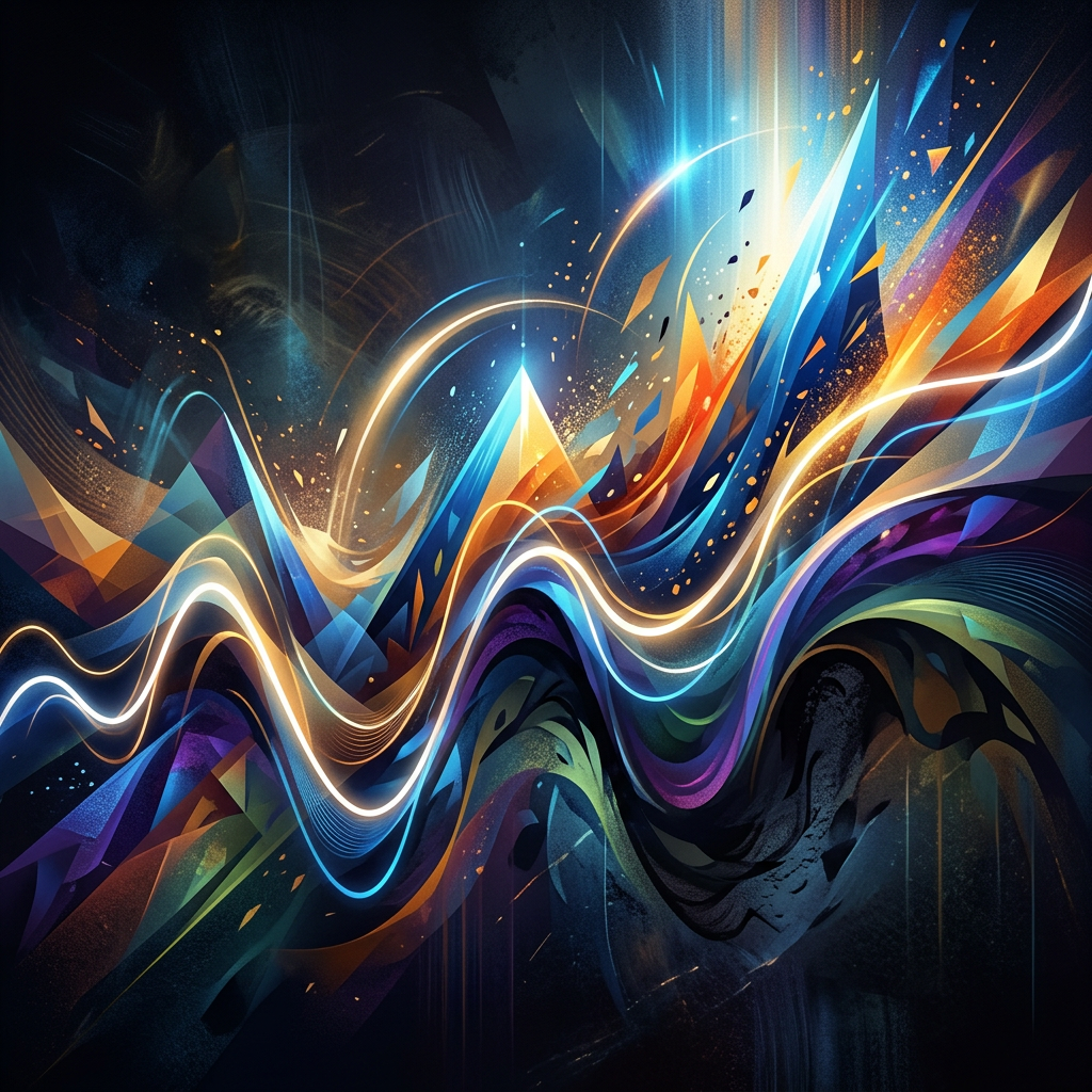 Abstract colorful waves and sharp geometric forms in motion with bright light accents