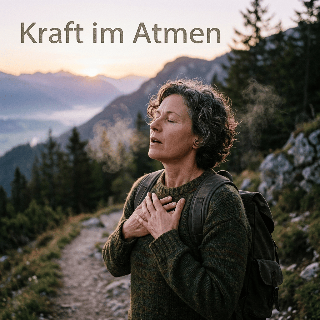 Woman with hands on chest breathing deeply on mountain path at sunrise
