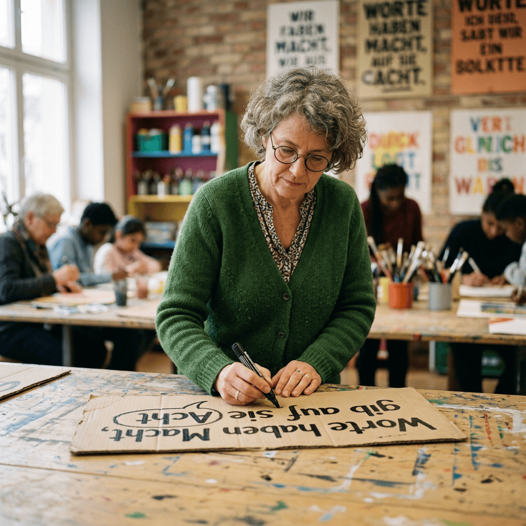 Woman hand-lettering a cardboard sign at an art workshop