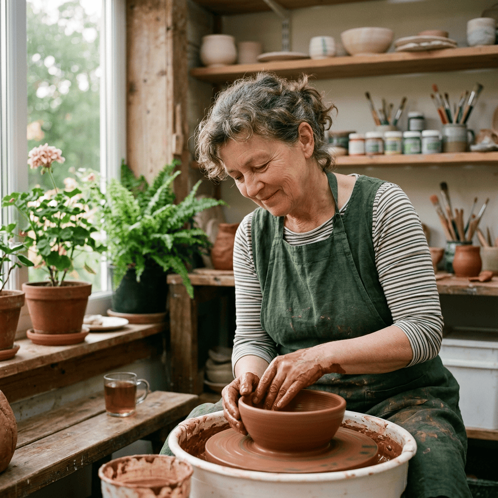 Potter shaping a clay bowl on a wheel in a studio
