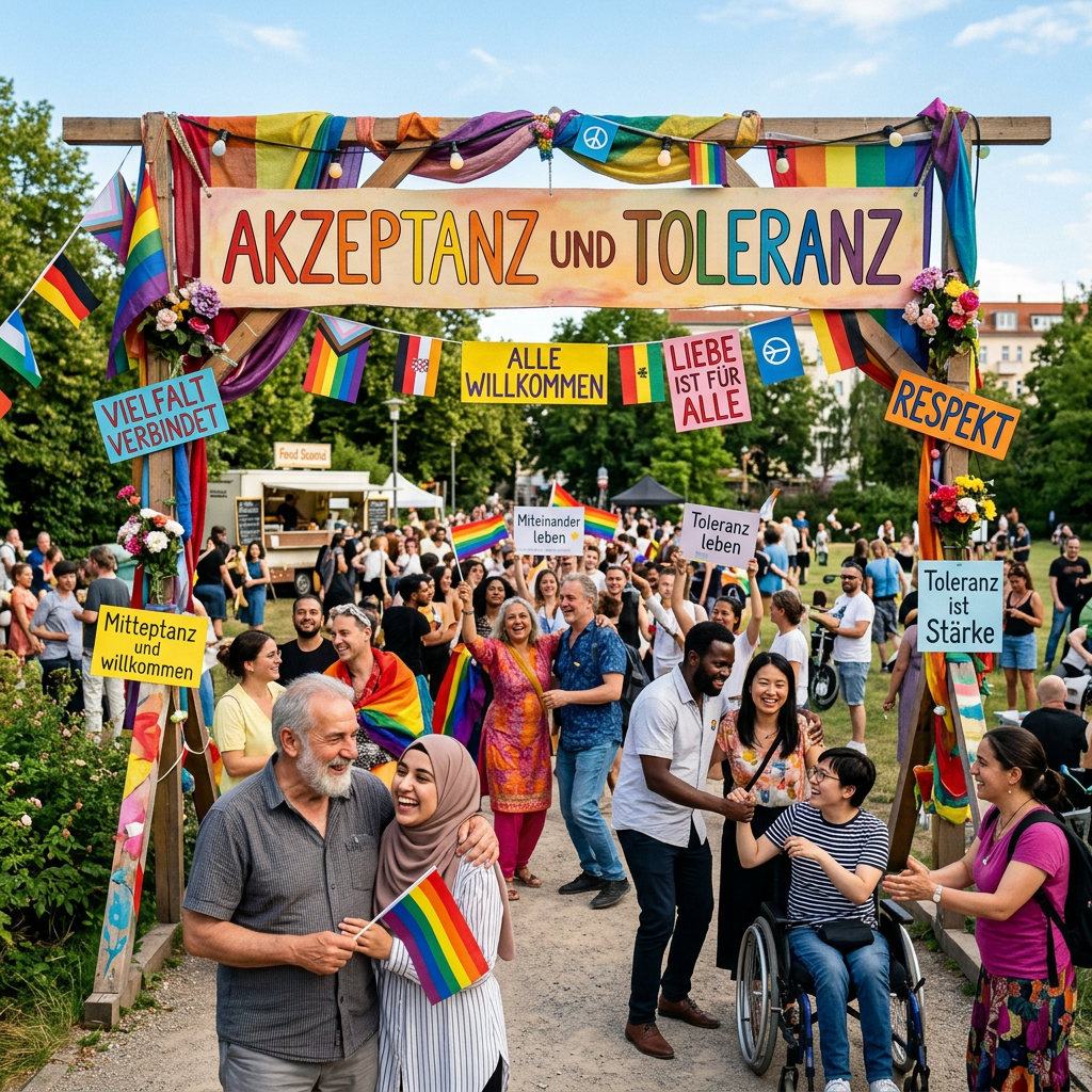 Diverse crowd at Pride festival beneath German signs reading acceptance and tolerance