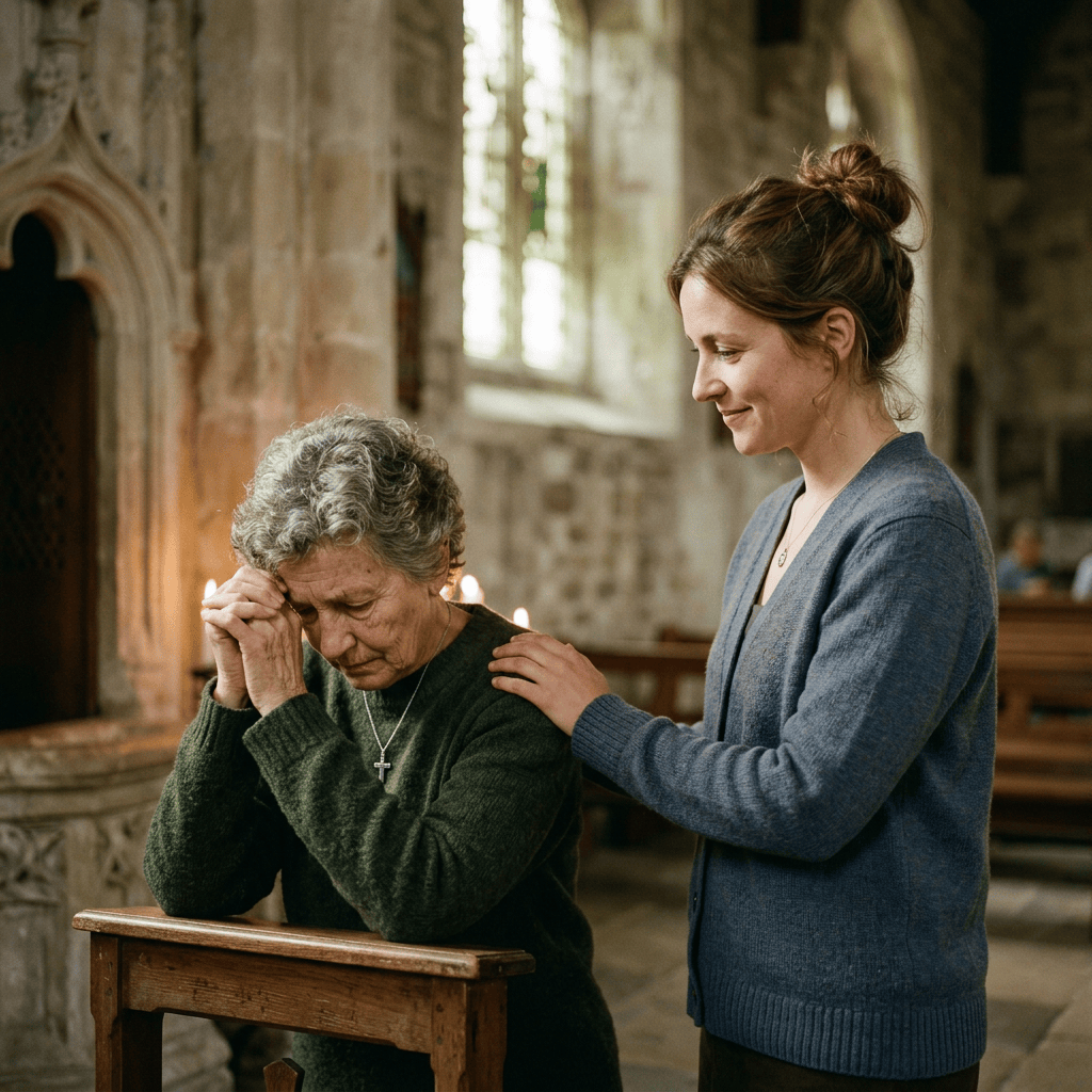 Woman comforting an older woman praying in a historic church