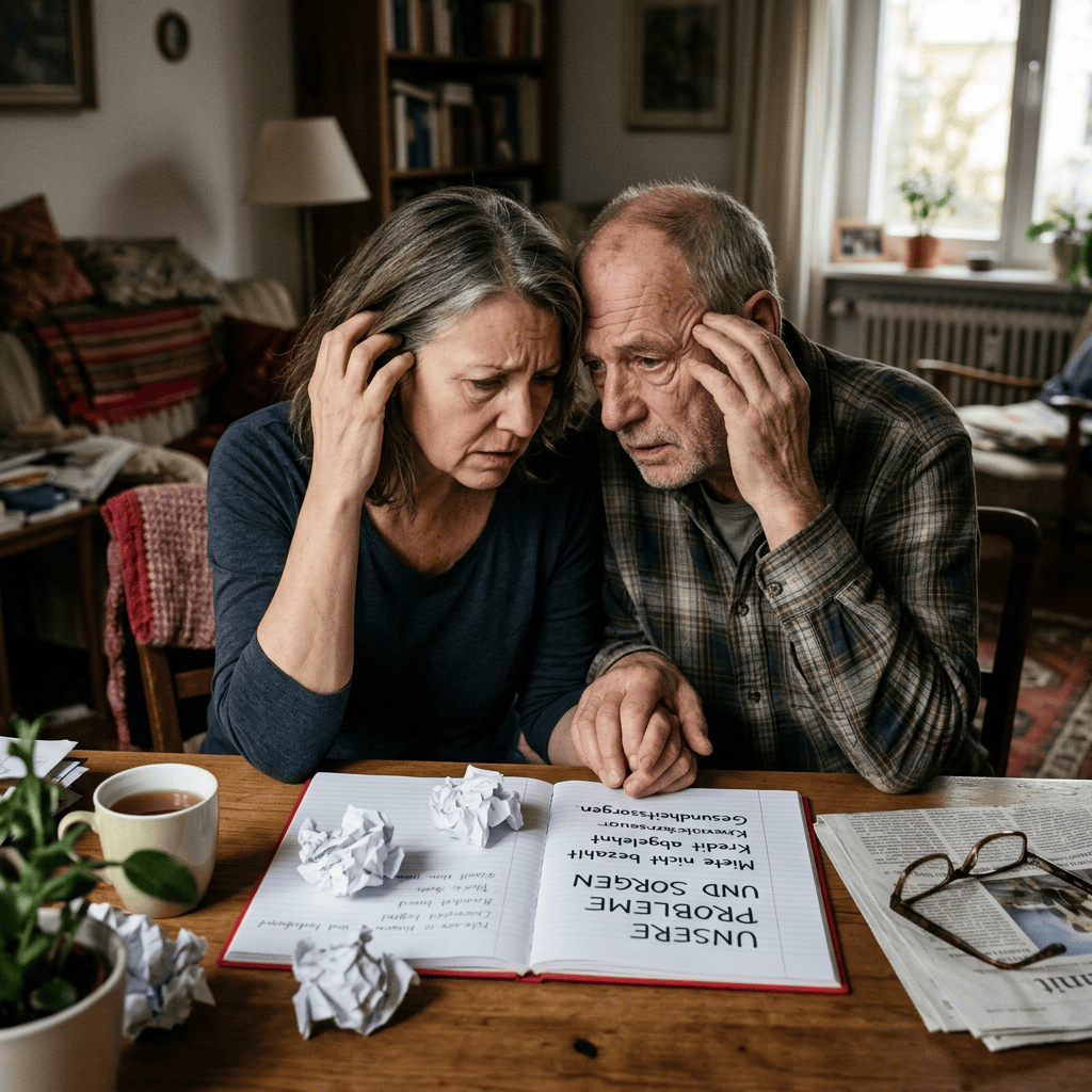 Worried older couple reviewing a notebook labeled “UNSERE PROBLEME UND SORGEN”