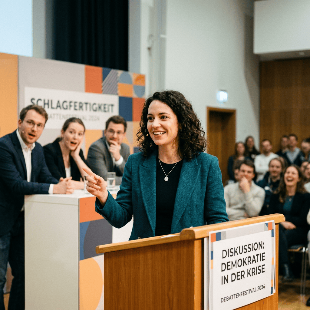 Woman speaking at podium labeled Diskussion: Demokratie in der Krise