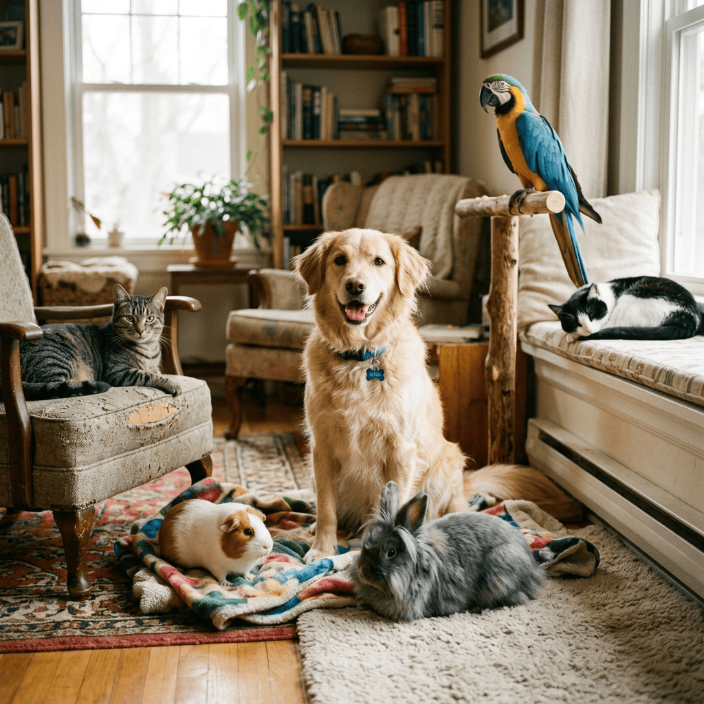 Golden retriever surrounded by two cats, parrot, guinea pig, and rabbit