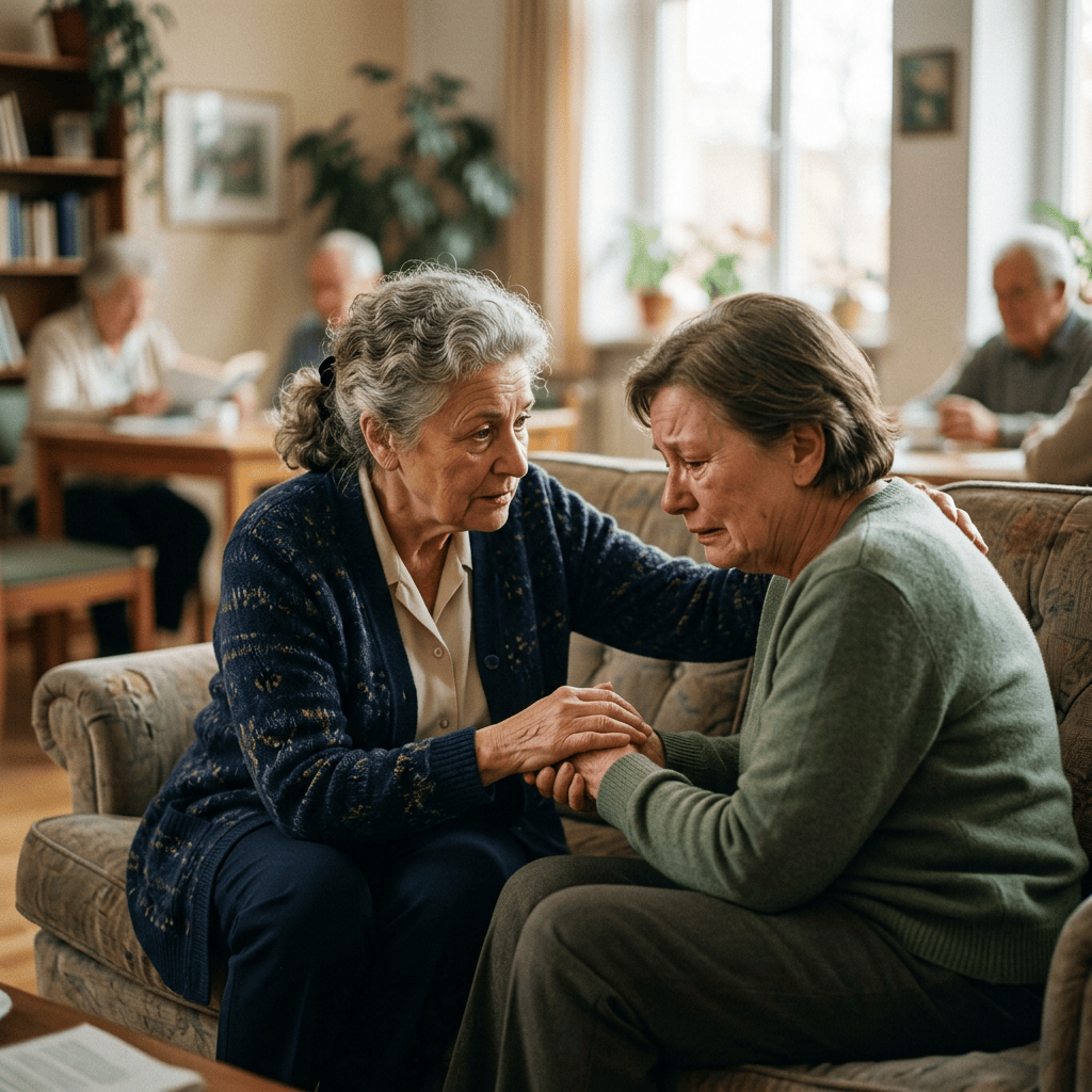 Older woman comforting a tearful woman on a sofa