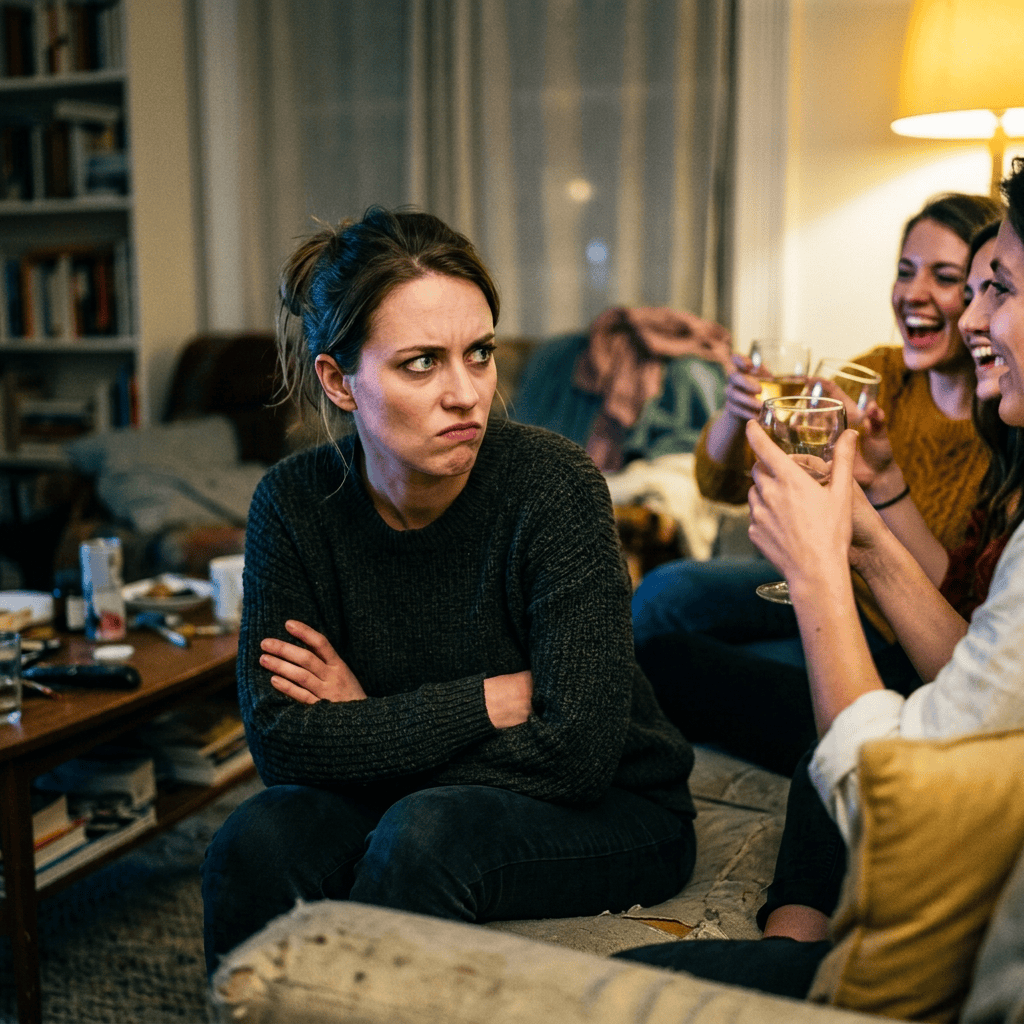 Concerned woman sits with crossed arms as friends socialize with drinks